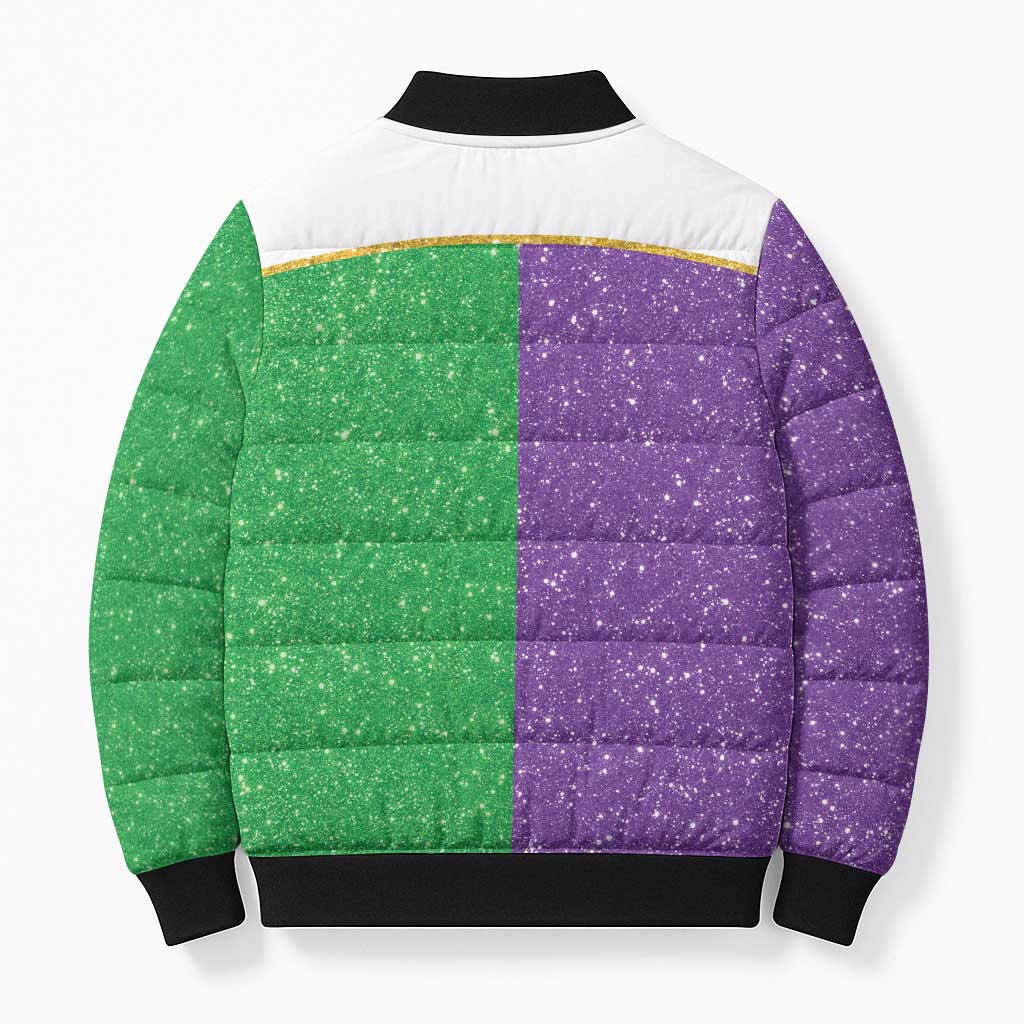 Mardi Gras Crown Bomber Puffer Jacket Western Yoke Glitter Style
