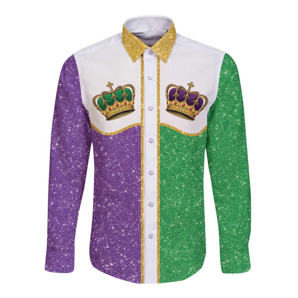 Mardi Gras Crown Long Sleeve Button Shirt Western Yoke Glitter Style