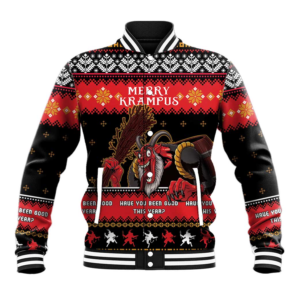 Red and black Krampus baseball jacket, all-over graphic, ribbed varsity collar