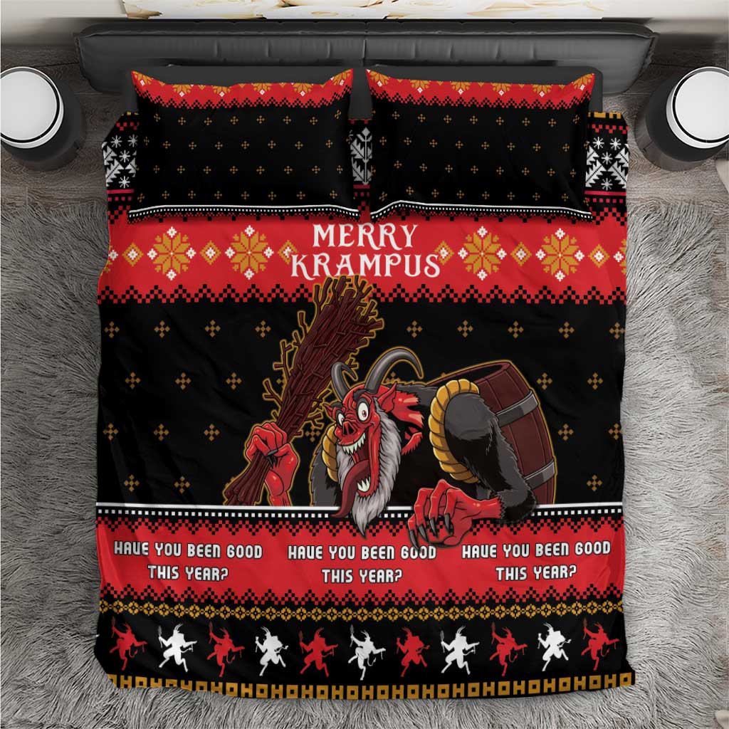 Krampus Christmas bedding set with black and red character print, includes pillowcases