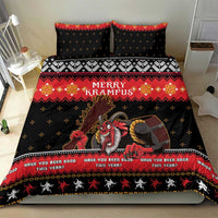 Krampus Christmas bedding set on bed, black duvet with red band, characters, and text