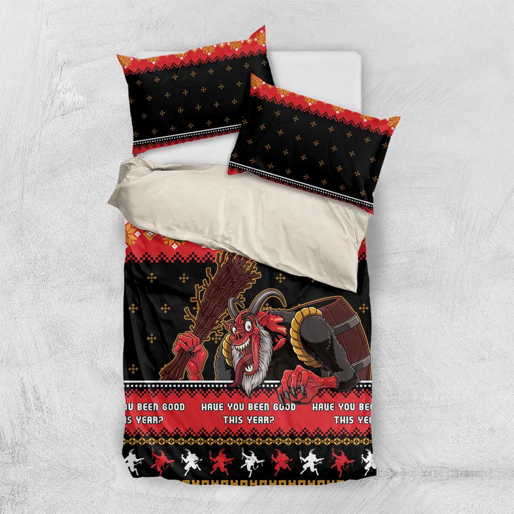 Krampus Christmas bedding set, black duvet with red-bordered pillowcases