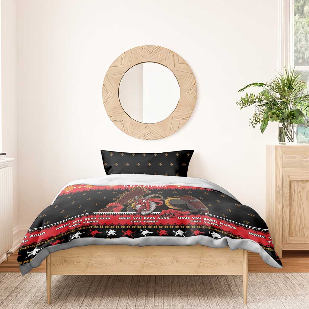 Krampus Christmas bedding set on wooden bed, black duvet with red stripe and character print
