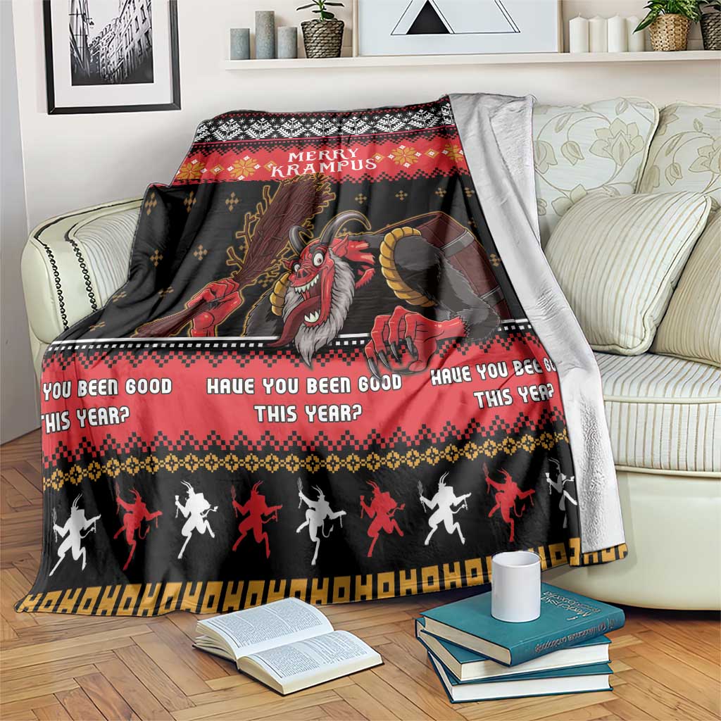 Red and black Christmas Krampus throw blanket with festive character and reindeer border