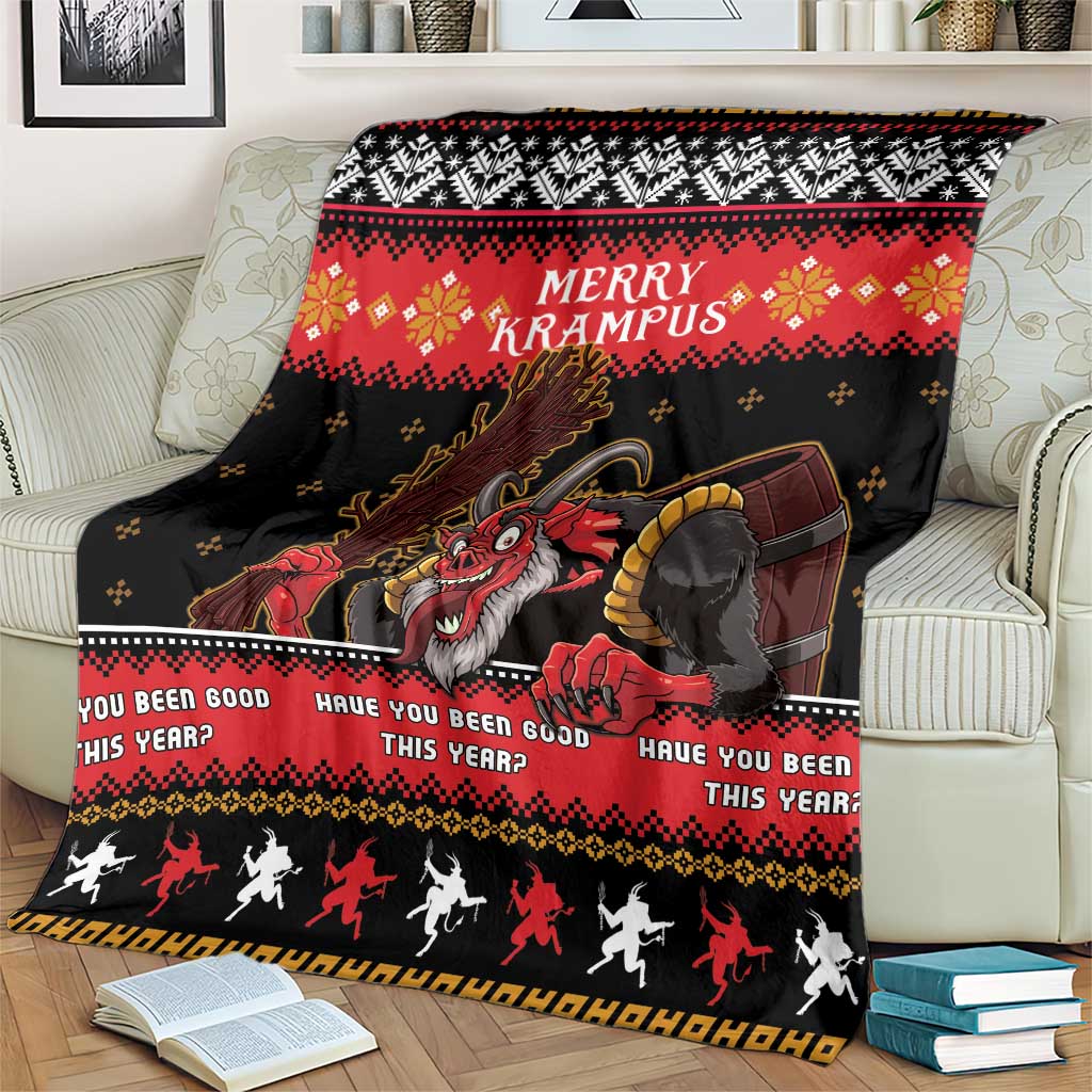 Red and black Merry Krampus throw blanket with dark character illustration and text bands