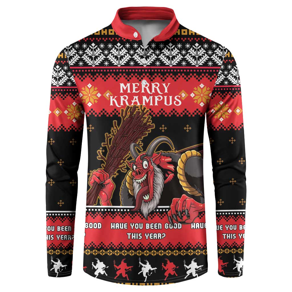 Red and black holiday Krampus button sweatshirt with hood, festive knit graphic front