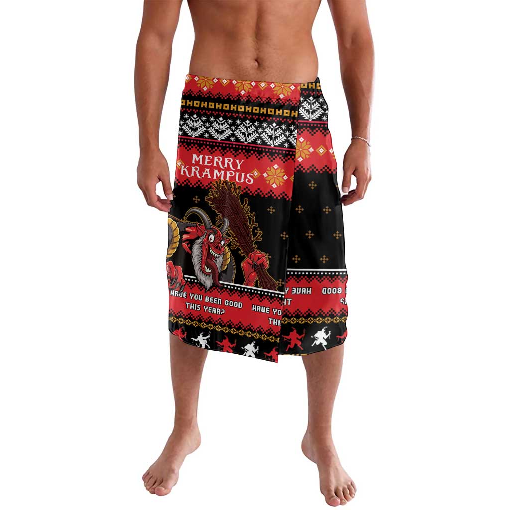 Red and black Christmas Krampus printed lava lava skirt, front view