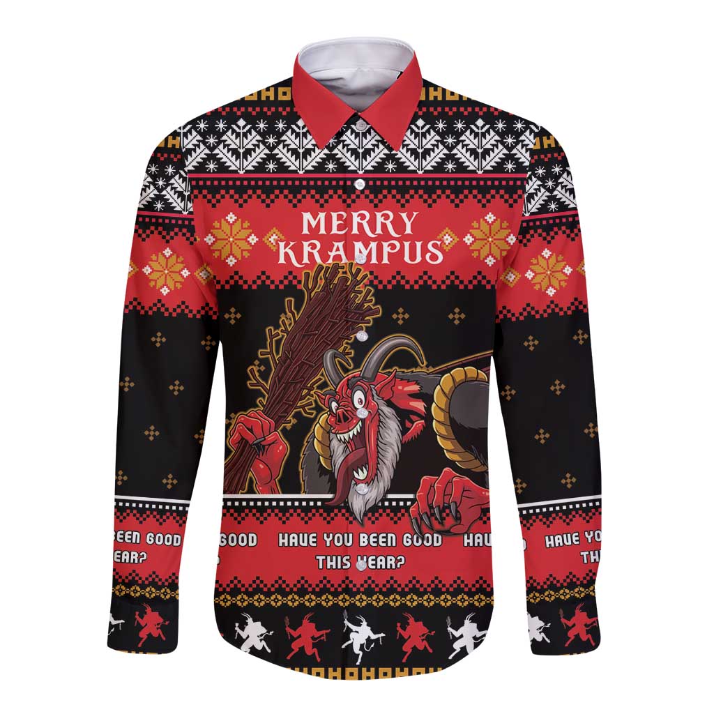 Long-sleeve button shirt with red collar and Merry Krampus festive front print