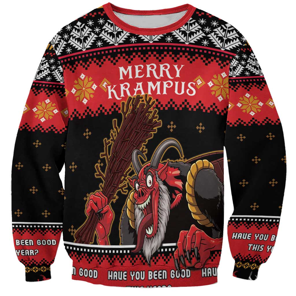 Red and black Krampus Christmas sweatshirt with front character art and holiday knit trim