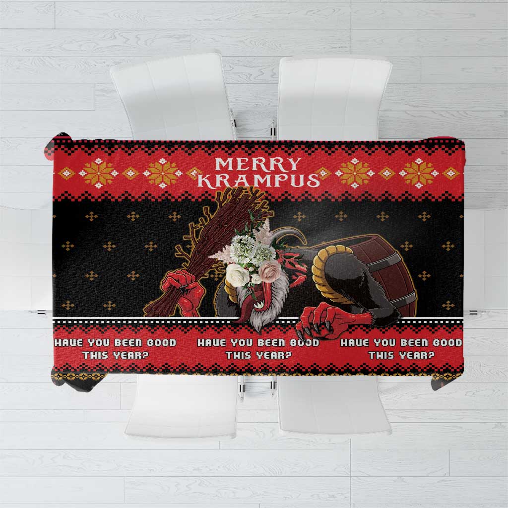 Krampus Christmas tablecloth in red and black, with “Merry Krampus” text and figures