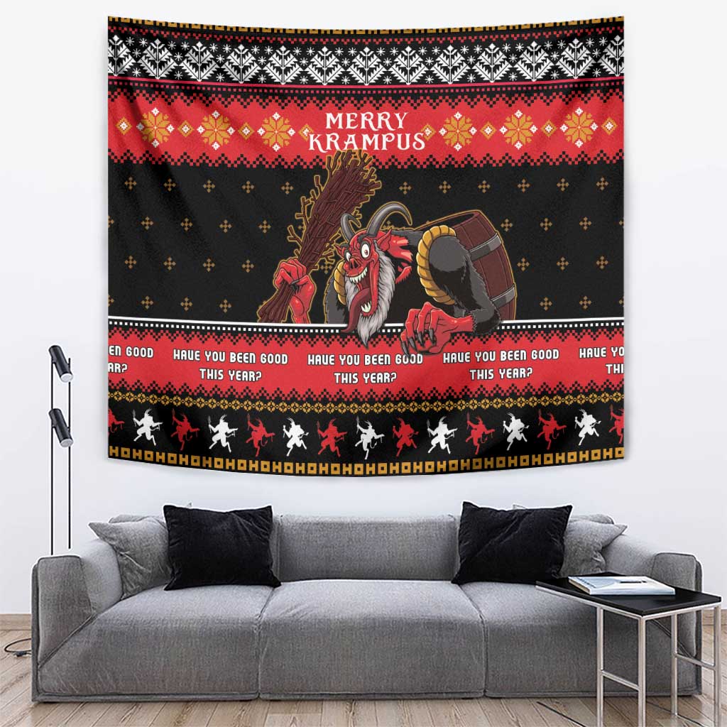 Black and red Christmas Krampus tapestry with “Merry Krampus” title and Krampus illustration