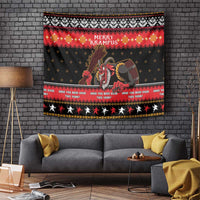 Full black and red Krampus Christmas tapestry with “Merry Krampus” text and bottom reindeer border
