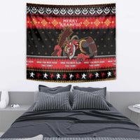 Krampus Christmas wall tapestry in black and red with “Merry Krampus” and robed figure