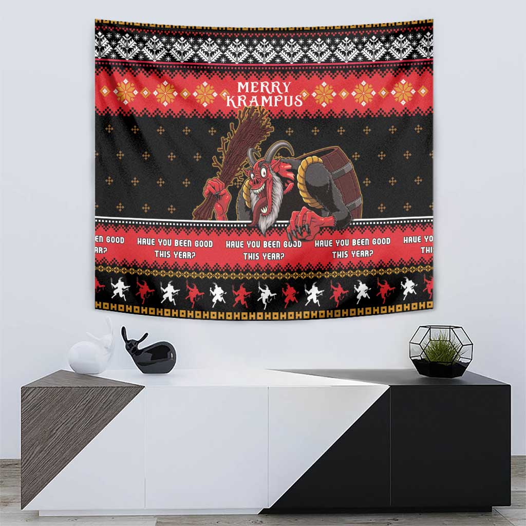Black and red Merry Krampus tapestry featuring Krampus holding a sack and “Have you been good?” strip