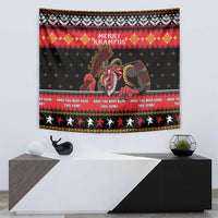 Black and red Merry Krampus tapestry featuring Krampus holding a sack and “Have you been good?” strip