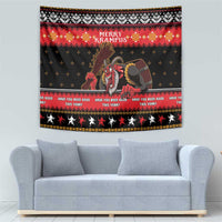Black and red Christmas Krampus tapestry with “Merry Krampus” header and multicolor pattern bands
