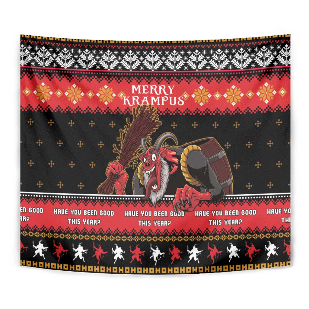 Close-up black and red Krampus Christmas tapestry with “Merry Krampus” and Krampus figure