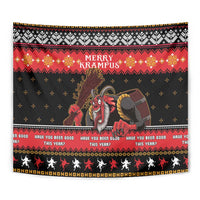 Close-up black and red Krampus Christmas tapestry with “Merry Krampus” and Krampus figure