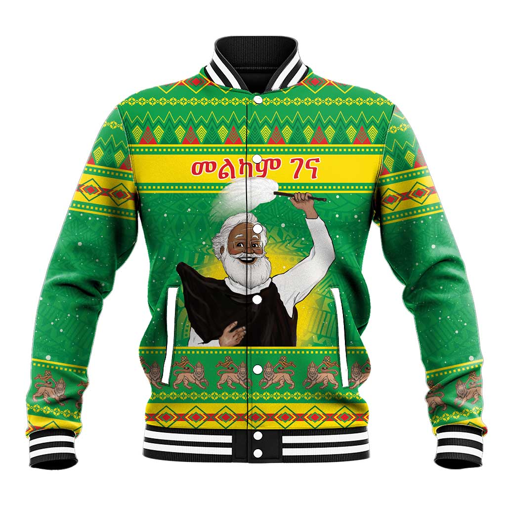 Green unisex baseball jacket, front graphic with festive pattern and striped ribbed cuffs