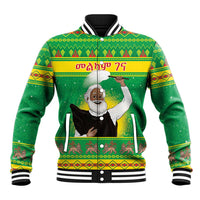 Green unisex baseball jacket, front graphic with festive pattern and striped ribbed cuffs