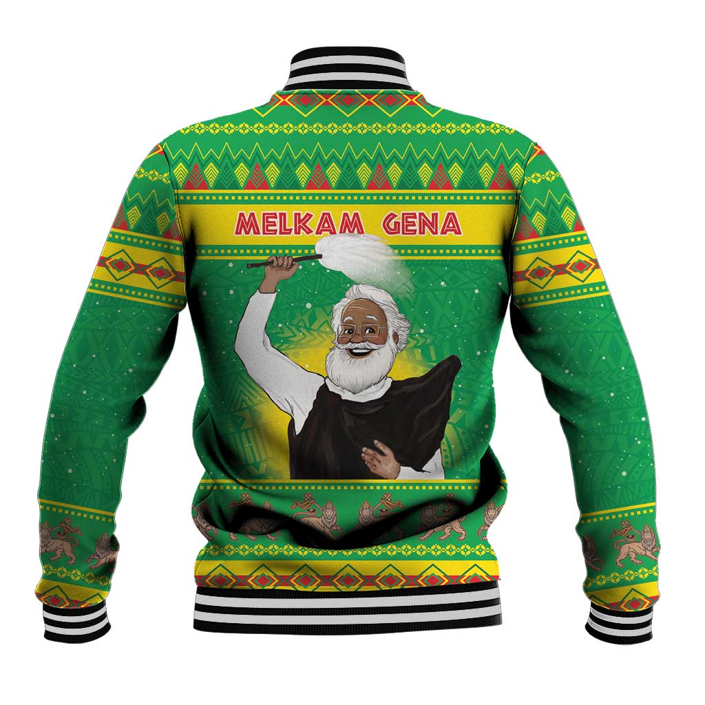 Green unisex baseball jacket, back graphic with 'MELKAM GENA' text and striped ribbed hem
