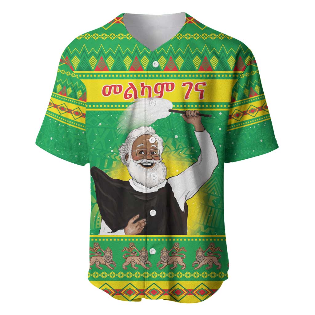 Green Christmas baseball jersey with Santa-style figure and striped tribal pattern, front
