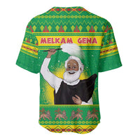 Green Christmas baseball jersey, back view, Santa-style figure with "MELKAM GENA" text