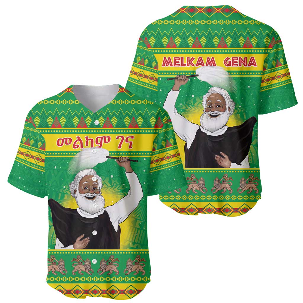 Green Christmas baseball jersey shown front and back, Santa-style figure and "MELKAM GENA"