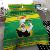 Green bedding set on bed: Santa figure graphic with striped green-yellow frame