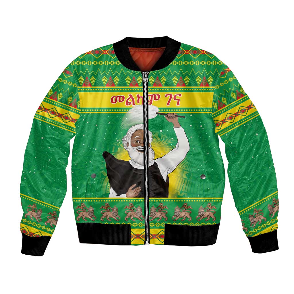 Unisex green bomber jacket with front zipper, black collar, and portrait graphic.