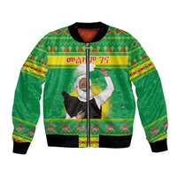 Unisex green bomber jacket with front zipper, black collar, and portrait graphic.