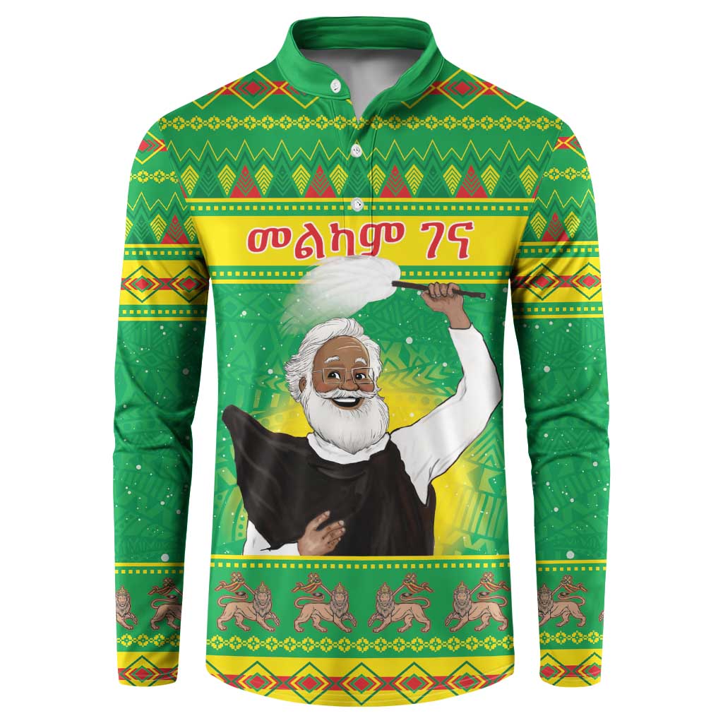 Green button-up sweatshirt with long sleeves and festive front graphic print