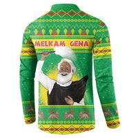 Green button-up sweatshirt back view with “MEIKAM GENA” text and patterned trim