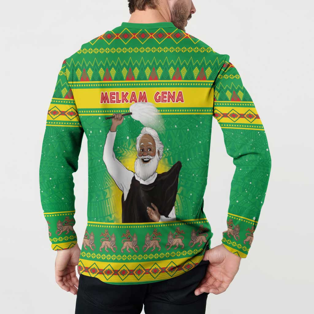 Green button-up sweatshirt on model, back view with “MEIKAM GENA” text and border