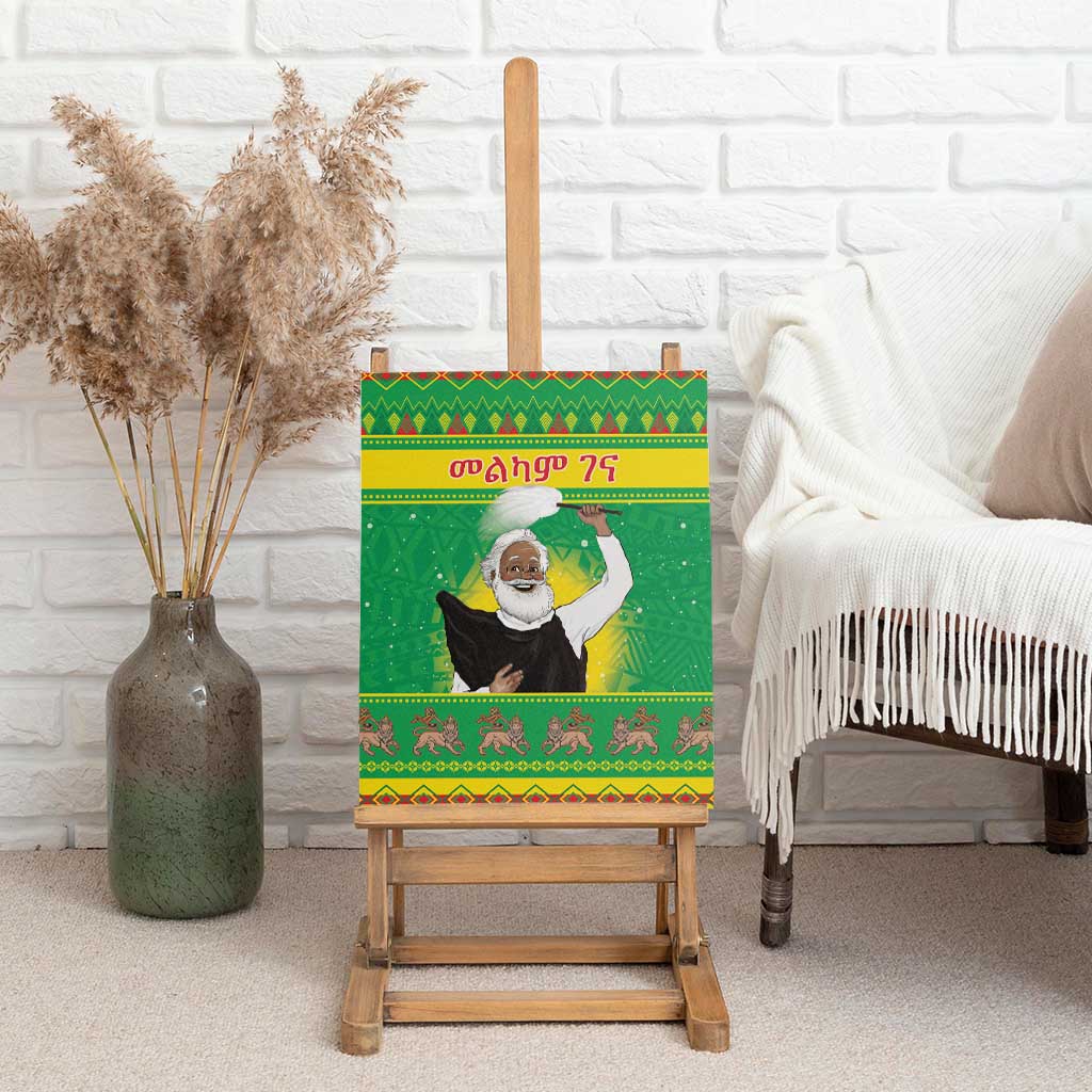Green canvas wall art displayed on an easel, showing an elderly man and festive stripes
