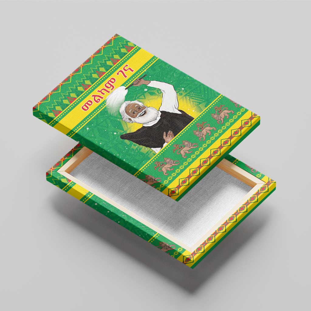 Green canvas wall art angled on a plain background, featuring an elderly man and decorative animals