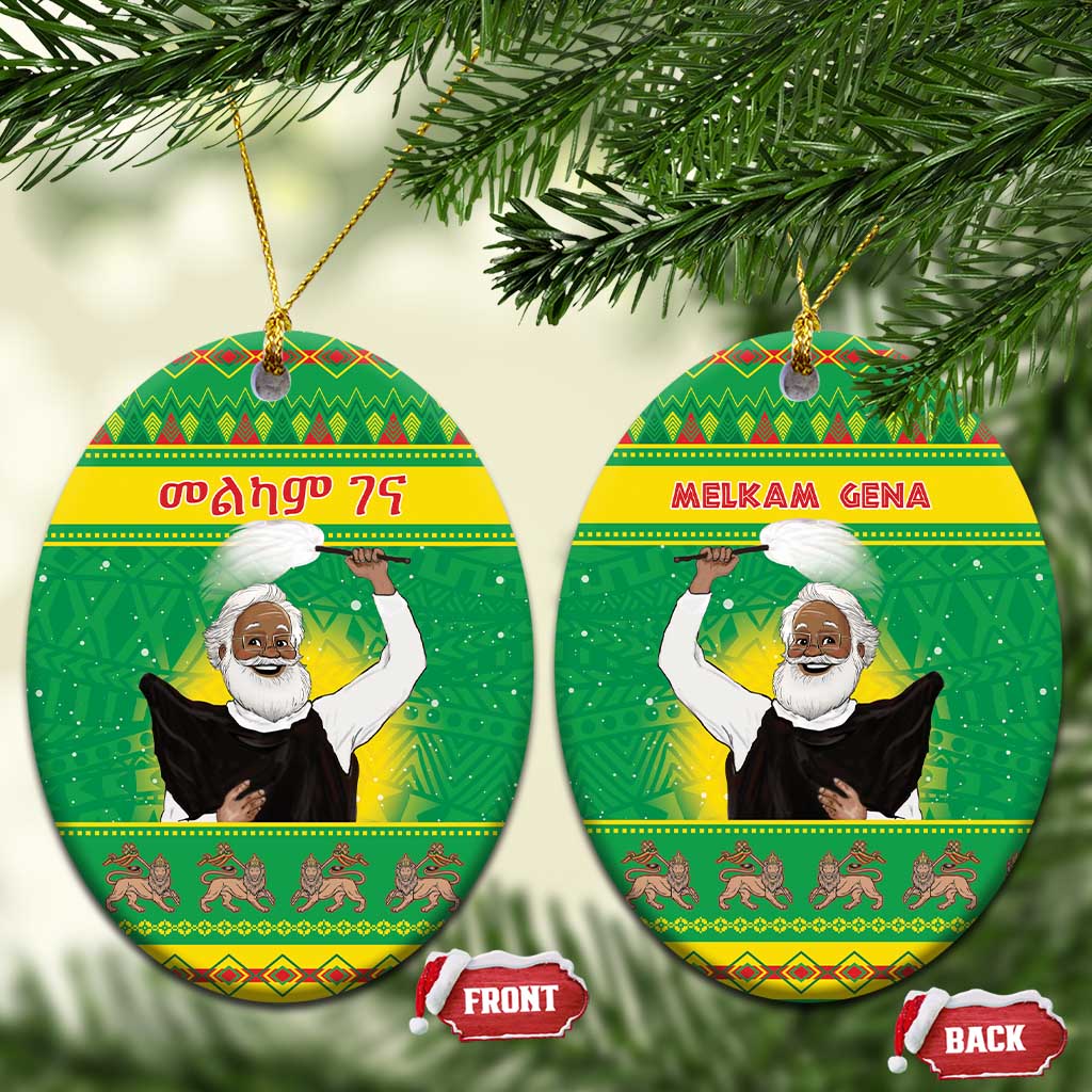 Green ceramic oval Christmas ornament pair with bearded figure; gold loops and FRONT/BACK tags