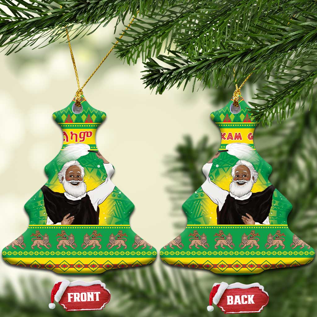 Green ceramic bell-shaped Christmas ornament with bearded figure, gold hanging loop, FRONT/BACK tags