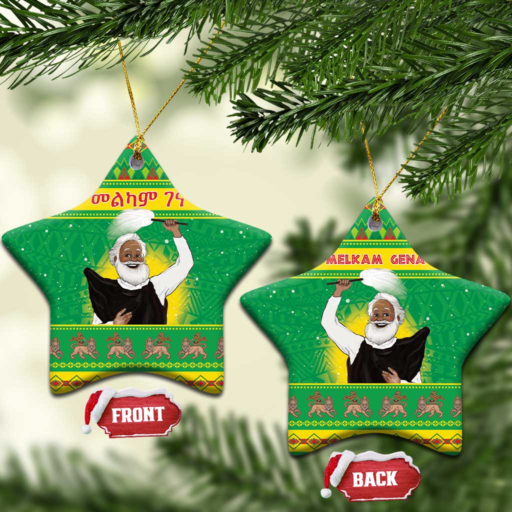 Green ceramic star-shaped Christmas ornaments with bearded figure; gold loops and FRONT/BACK tags