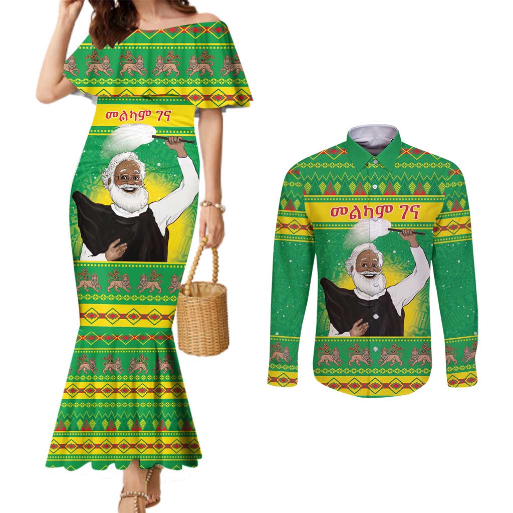 Ethiopia Christmas Couples Matching Mermaid Dress and Long Sleeve Button Shirt Melkam Gena Yegena Abat