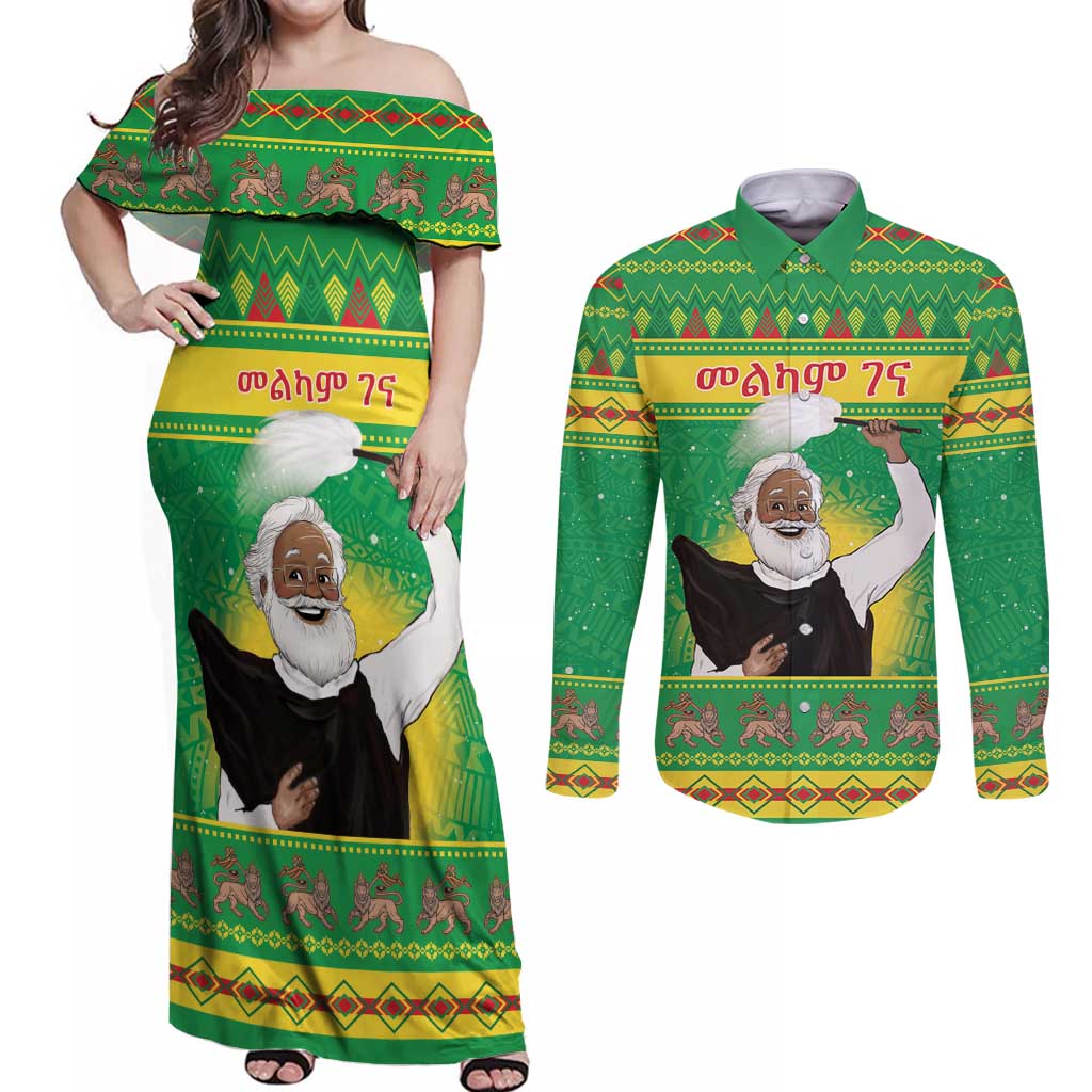 Ethiopia Christmas Couples Matching Off Shoulder Maxi Dress and Long Sleeve Button Shirt Melkam Gena Yegena Abat