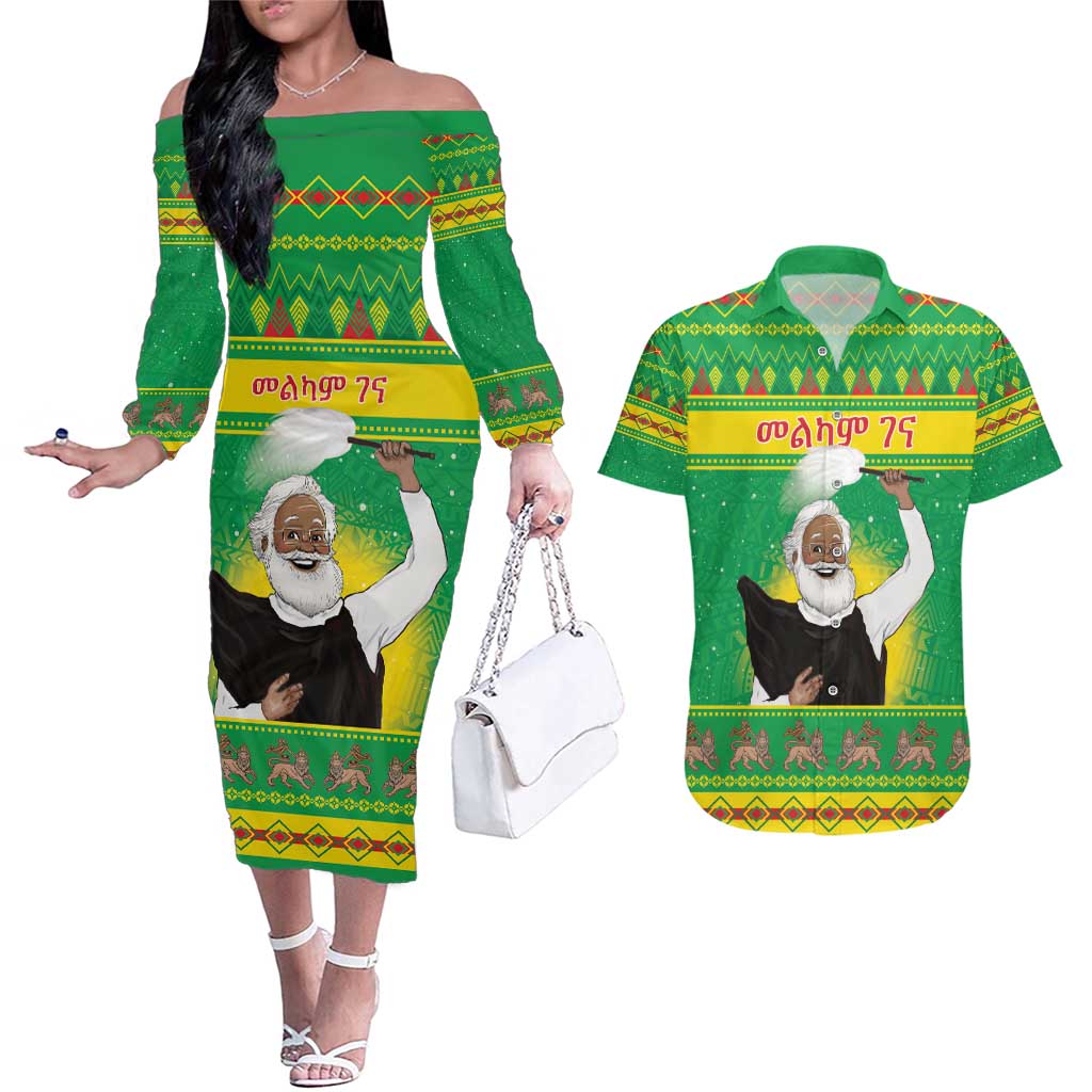 Ethiopia Christmas Couples Matching Off The Shoulder Long Sleeve Dress and Hawaiian Shirt Melkam Gena Yegena Abat