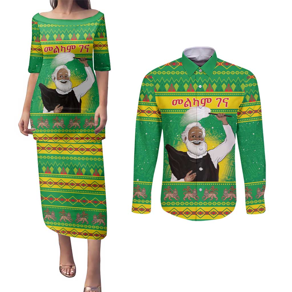 Ethiopia Christmas Couples Matching Puletasi and Long Sleeve Button Shirt Melkam Gena Yegena Abat LT05 - Wonder Print Shop