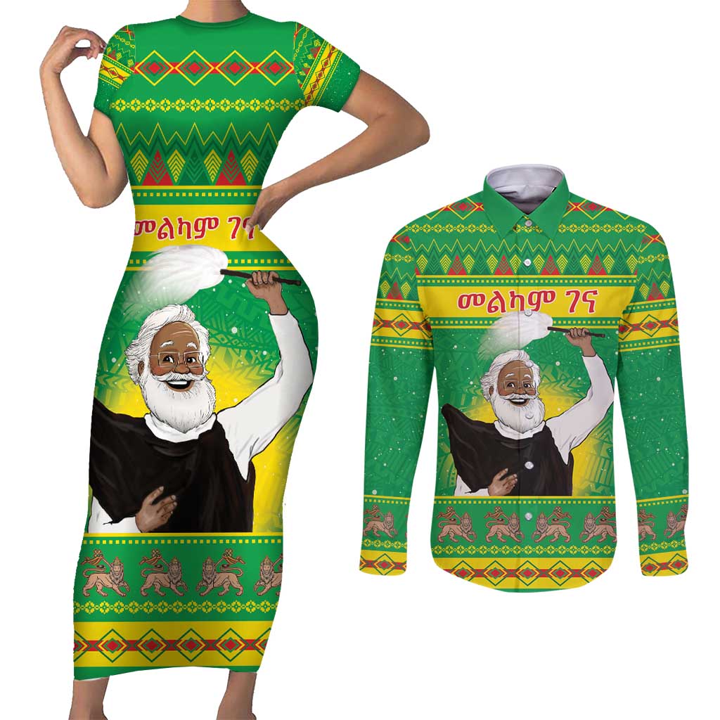 Ethiopia Christmas Couples Matching Short Sleeve Bodycon Dress and Long Sleeve Button Shirt Melkam Gena Yegena Abat LT05 - Wonder Print Shop