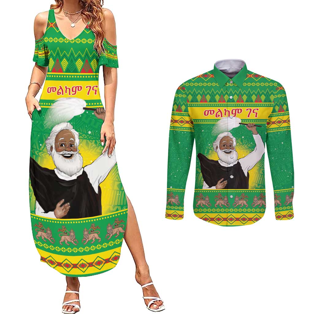 Ethiopia Christmas Couples Matching Summer Maxi Dress and Long Sleeve Button Shirt Melkam Gena Yegena Abat