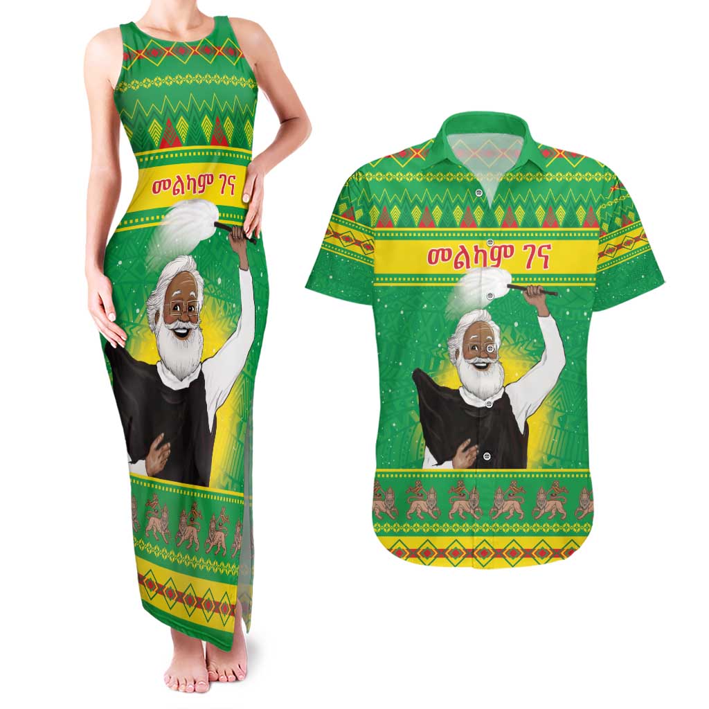 Ethiopia Christmas Couples Matching Tank Maxi Dress and Hawaiian Shirt Melkam Gena Yegena Abat