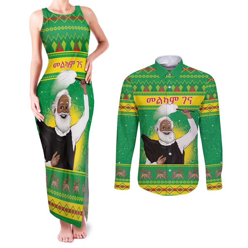 Ethiopia Christmas Couples Matching Tank Maxi Dress and Long Sleeve Button Shirt Melkam Gena Yegena Abat