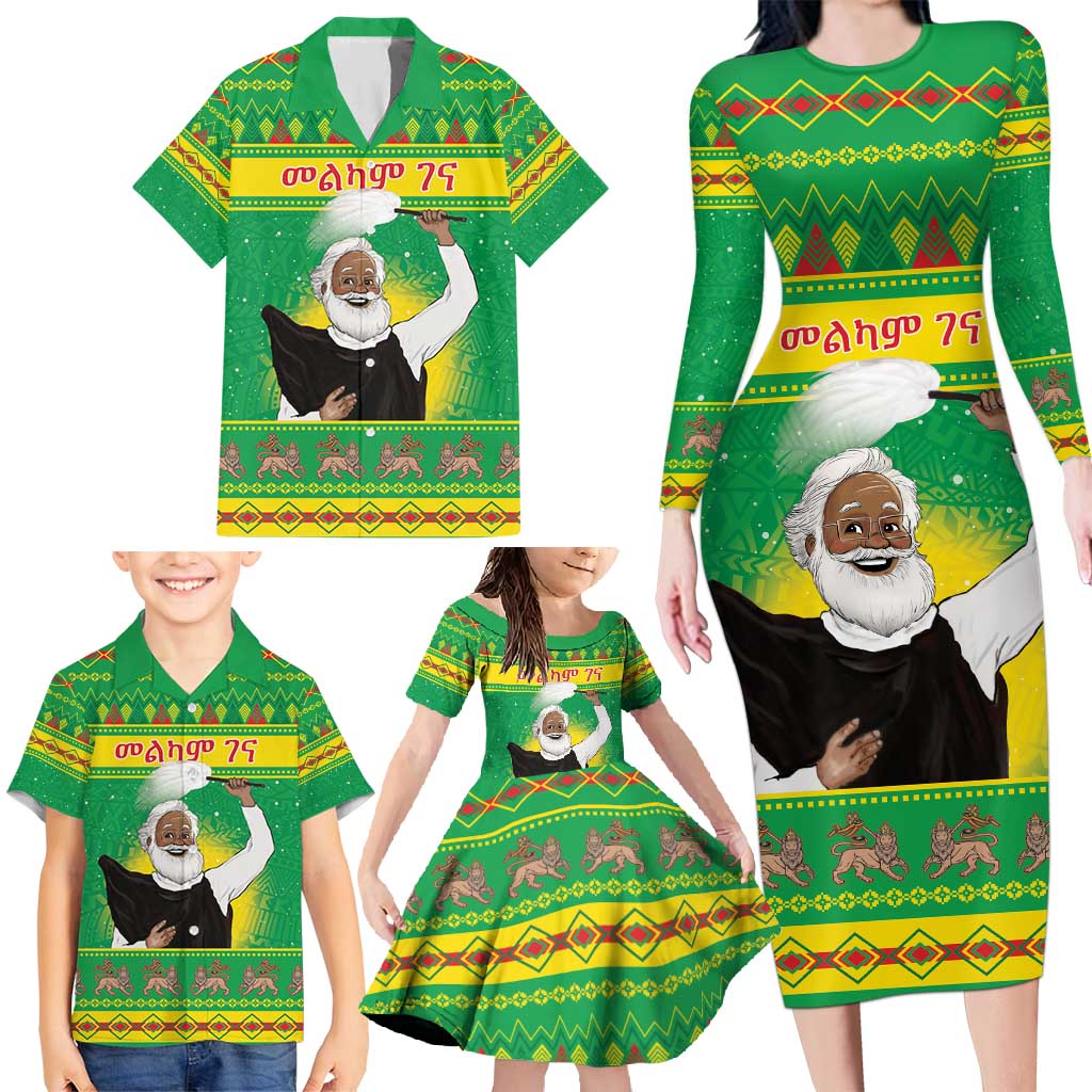 Ethiopia Christmas Family Matching Long Sleeve Bodycon Dress and Hawaiian Shirt Melkam Gena Yegena Abat