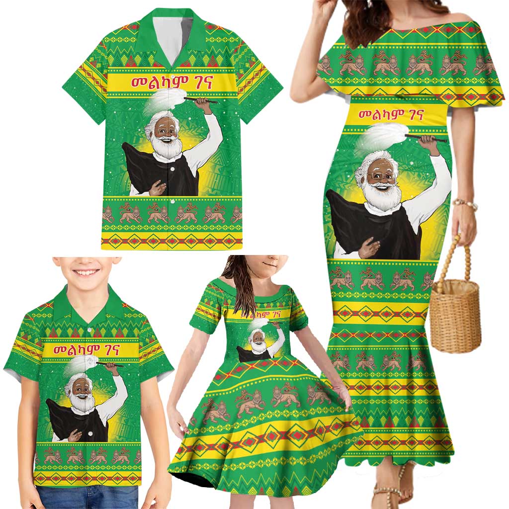 Ethiopia Christmas Family Matching Mermaid Dress and Hawaiian Shirt Melkam Gena Yegena Abat