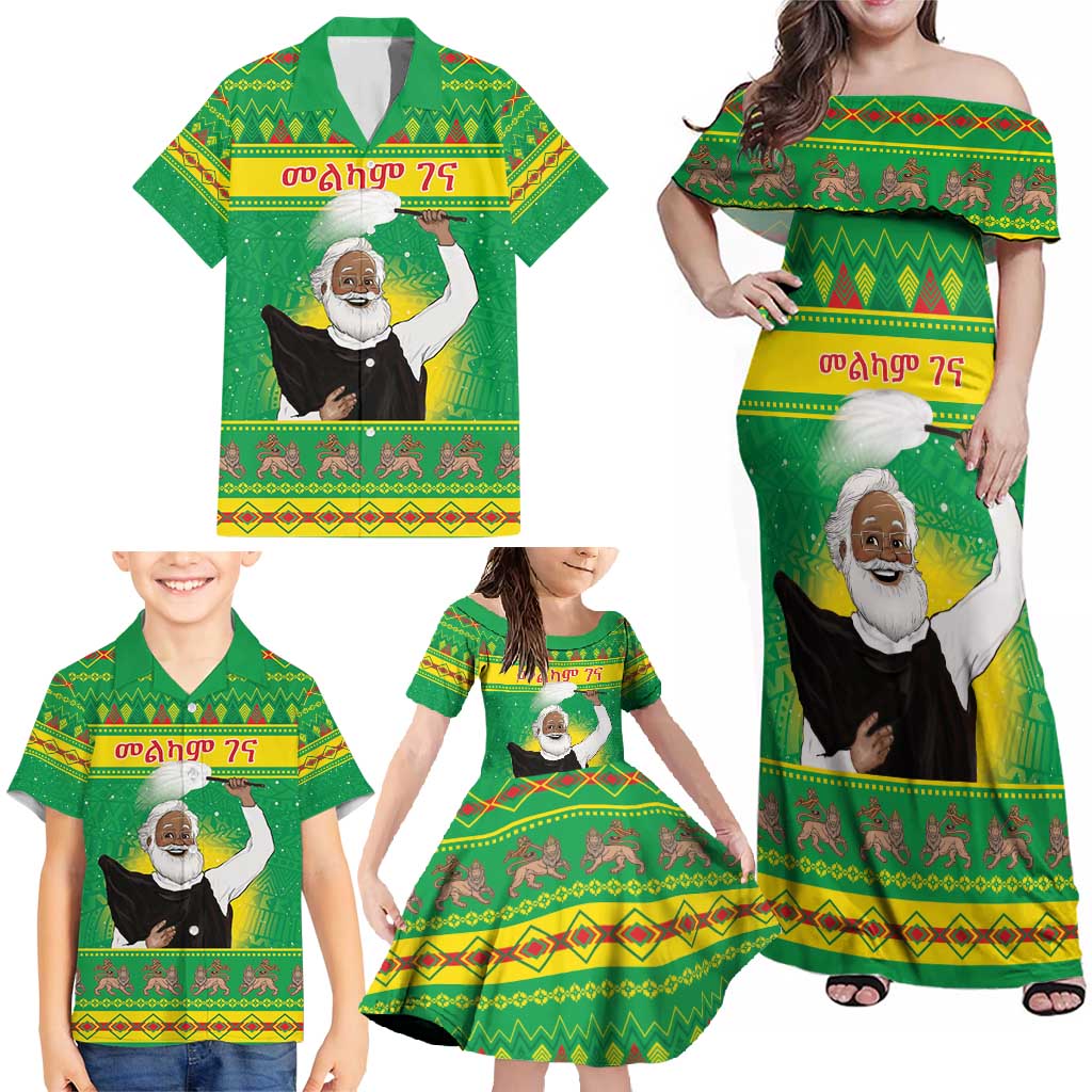 Ethiopia Christmas Family Matching Off Shoulder Maxi Dress and Hawaiian Shirt Melkam Gena Yegena Abat